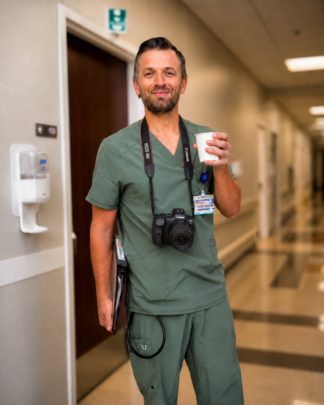 Samuel Rader in scrubs